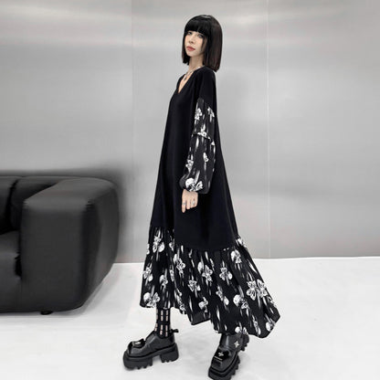 【ワンピース】おしゃれ フェイクレイヤード 切り替えVネックニット 長袖ワンピース ゆったりデザイン Aライン【AHシリーズ】