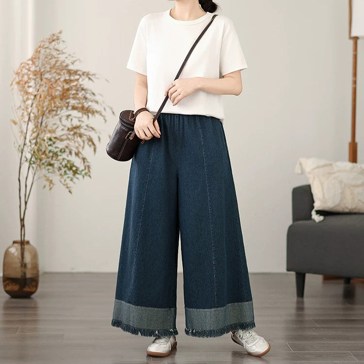 【ボトムス】レトロデニムワイドパンツ レディース 裾フリンジ加工 ゆったりシルエット【JZシリーズ】