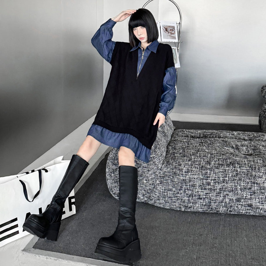 【ワンピース】デニム切り替えニットワンピース レディース 秋冬新作 ゆったりシルエット カジュアル長袖セーター ワンピース【AHシリーズ】