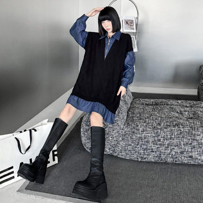 【ワンピース】デニム切り替えニットワンピース レディース 秋冬新作 ゆったりシルエット カジュアル長袖セーター ワンピース【AHシリーズ】