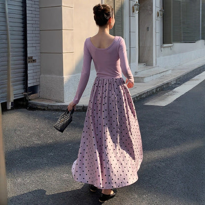 【ワンピース】春 秋 冬 フリルギャザー 切り替え ウエストマーク ベルト 長袖 ワンピース