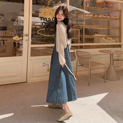 2点セット！【セットアップ】フレンチ風 ニットカーディガン＋デニムキャミワンピース セットレディース 秋新作 若見え 優雅 人気