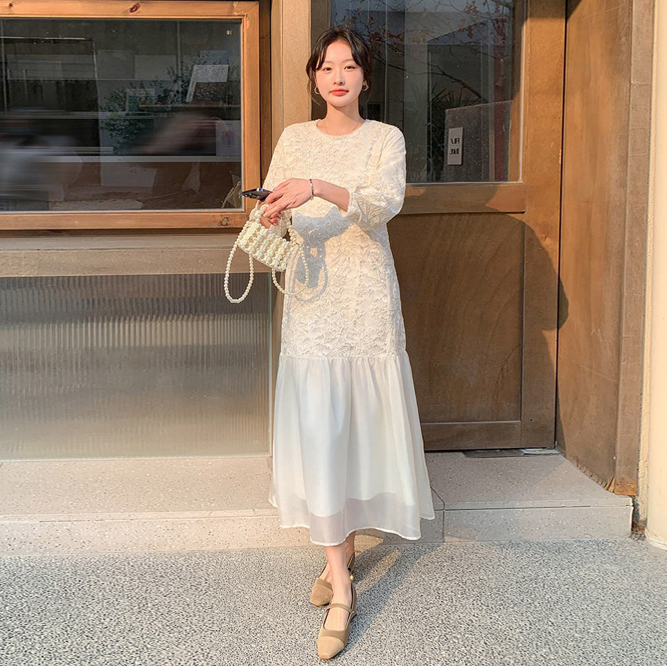 【ワンピース】フレンチ風フェミニンレースワンピース レディース 気品ある軽奢感 花柄長袖ミディドレス【JZシリーズ】