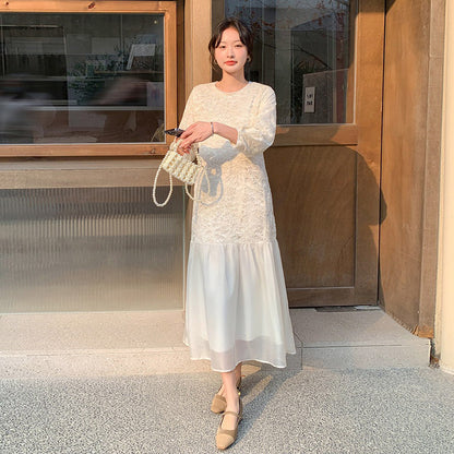 【ワンピース】フレンチ風フェミニンレースワンピース レディース 気品ある軽奢感 花柄長袖ミディドレス【JZシリーズ】