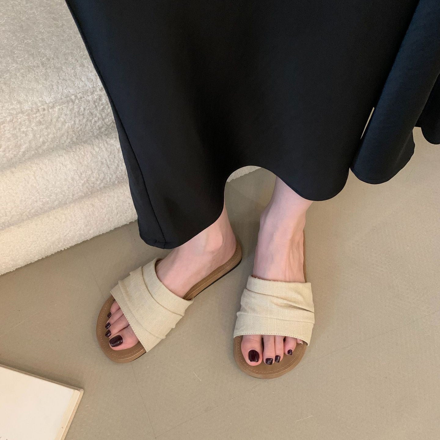 【シューズ】リゾート風 ビーチ リネン プリーツ フラットサンダル 外履き 夏用