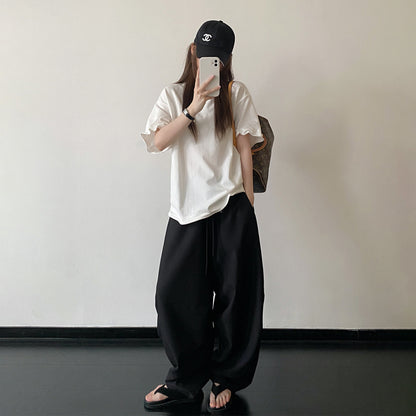 【トップス】ホワイト ニットデザイン 半袖Tシャツ ゆったりシルエット 着痩せ シンプル カジュアル トップス【FCシリーズ】