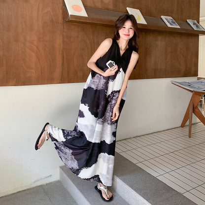 【ワンピース】夏新作 レトロ水墨風プリント リラックス感Vネック ノースリーブワンピース【SHシリーズ】