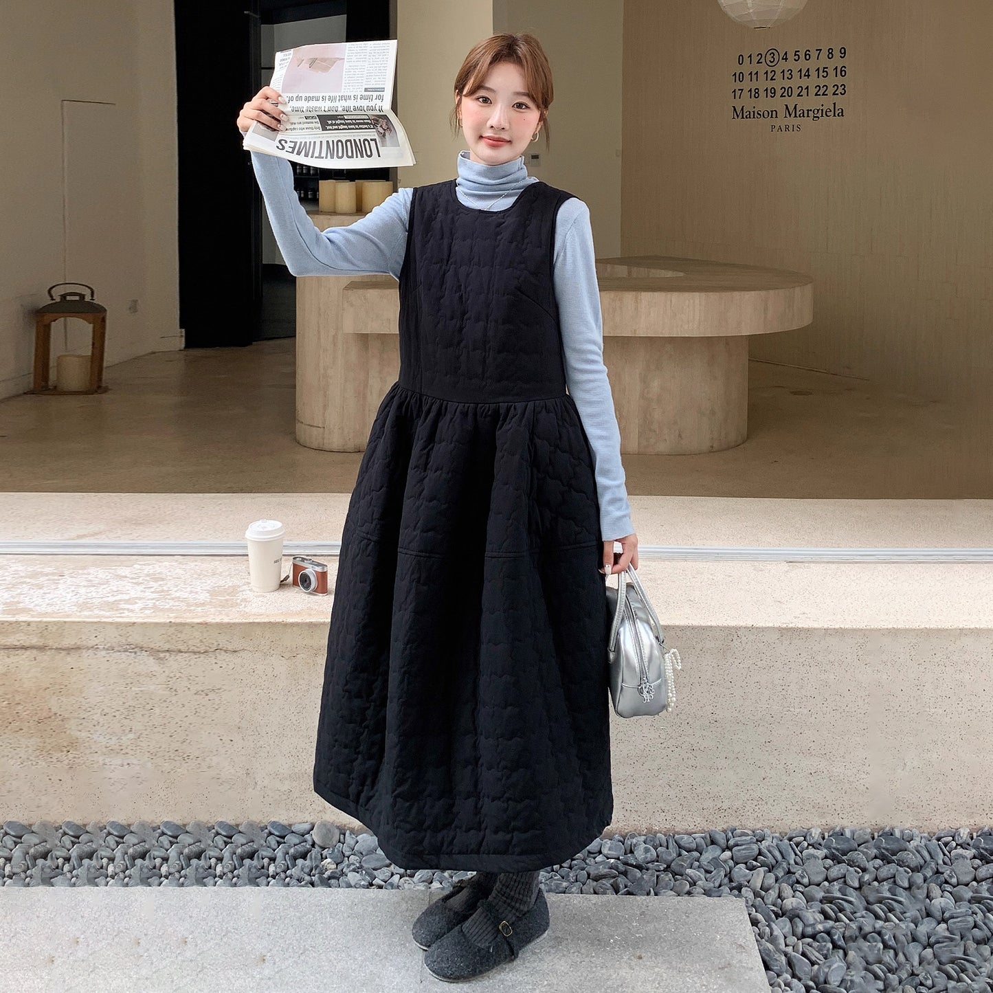 【ワンピース】韓国風  チェック柄  中綿入り ノースリーブワンピース 花びらシルエット レディース 秋冬新作【JZシリーズ】