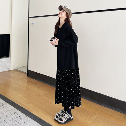 【ワンピース】秋冬 大きいサイズ ベロア切替Aラインスウェット長袖ワンピース ゆったり 洋服感アップ【JZシリーズ】