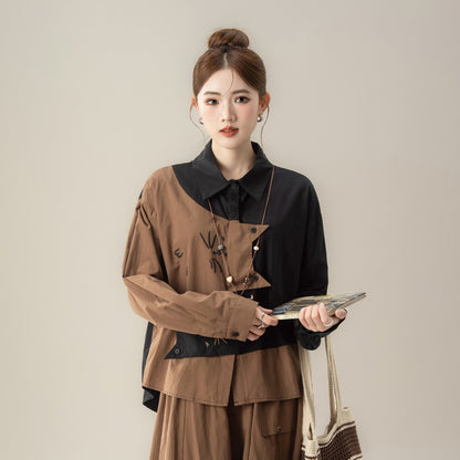 【単品注文】【セットアップ】ねこ刺繍 不規則デザイン 配色切替 長袖 シャツ +スカート 上下セット【JZシリーズ】