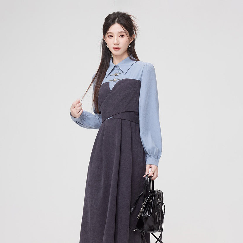【ワンピース】秋新作 文芸風 フェミニン 個性派 ドッキング風 ウエストマーク 長袖ワンピース【JZシリーズ】