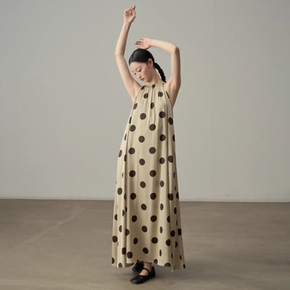 【ワンピース】レトロ リゾート風 ドット柄プリント ノースリーブワンピース レディース ゆったりスリム見え ミディ丈 ロングドレス【SHシリーズ】