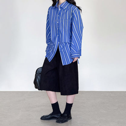 【トップス】秋先取り 韓国風ナチュラル ブルーストライプ ゆったりシャツ【JZシリーズ】