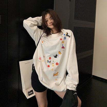 【トップス】古着風グラフィックロンT レディース 落書きプリント 長袖Tシャツ ゆったり ストリート【FCシリーズ】