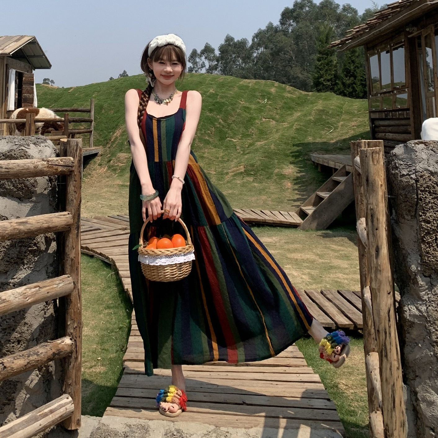 【ワンピース】夏新作 カラフルデザイン リラックスフィット ノースリーブキャミソールワンピース【SHシリーズ】