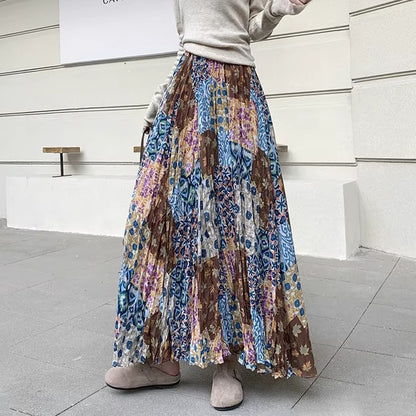 【ボトムス】プリーツ＆花柄 スカート レディース Aライン ミディ丈 ヒップカバー 大きめ フレアスカート【SHシリーズ】