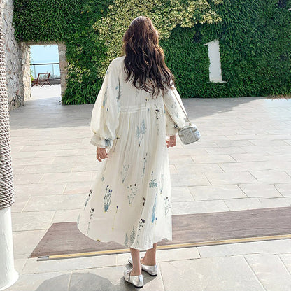 【ワンピース】独特で絶美なフレンチ風 花柄 長袖ワンピース 超人気 バルーンスリーブ リゾートロングドレス【SHシリーズ】