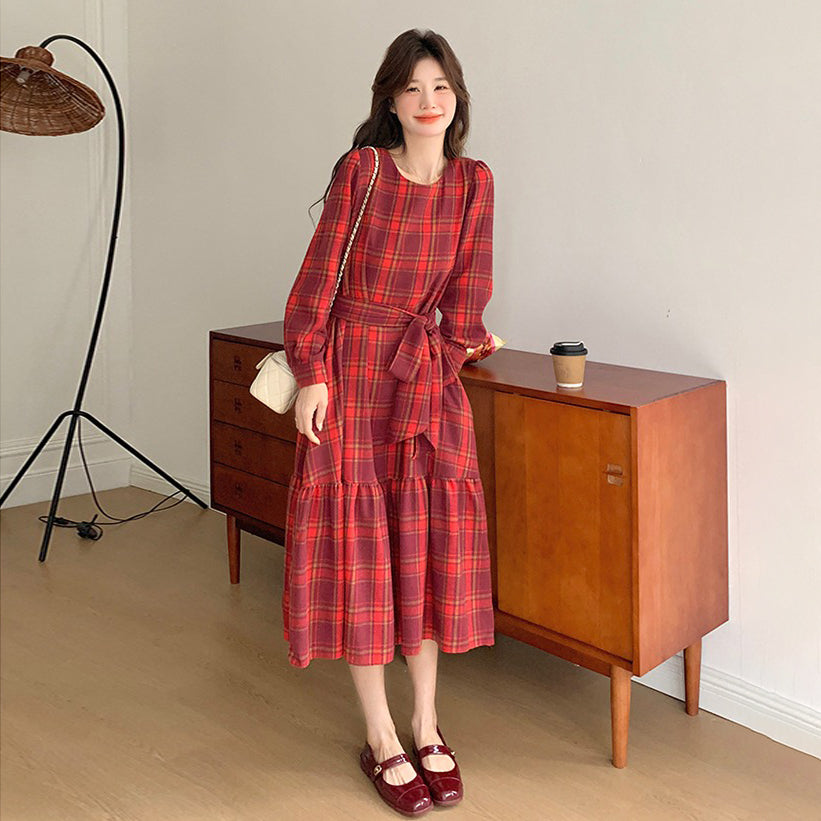 【ワンピース】レトロチェック ウエストマーク 長袖ワンピース レディース 春秋 上品フレンチ風 エレガント 【SHシリーズ】