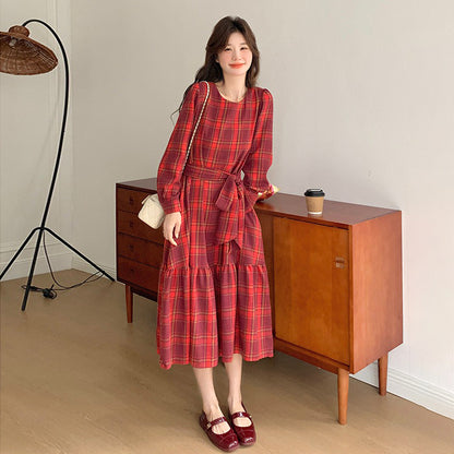 【ワンピース】レトロチェック ウエストマーク 長袖ワンピース レディース 春秋 上品フレンチ風 エレガント 【SHシリーズ】