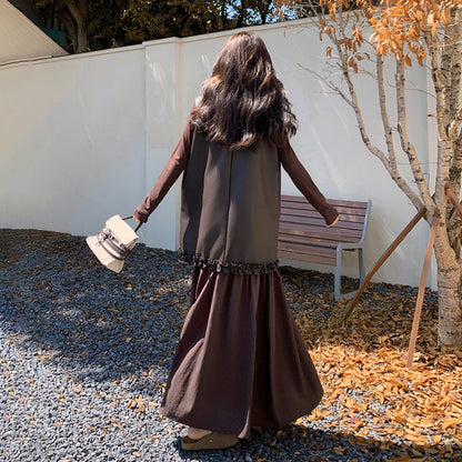 2点セット！【セットアップ】メラード風 PUレザー切り替え ワンピース＋インナートップスセット 春秋コーデ【JZシリーズ】