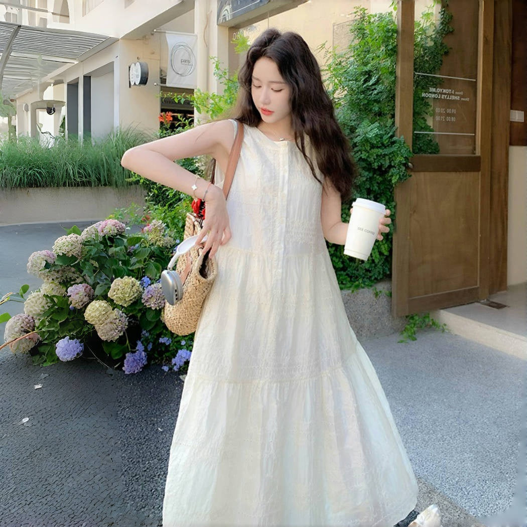 【ワンピース】オフホワイト レース刺繍 ノースリーブ タンク シャツワンピース レディース 夏 フレンチ風 優しげ バカンス デート フェアリー ロングドレス【JZシリーズ】