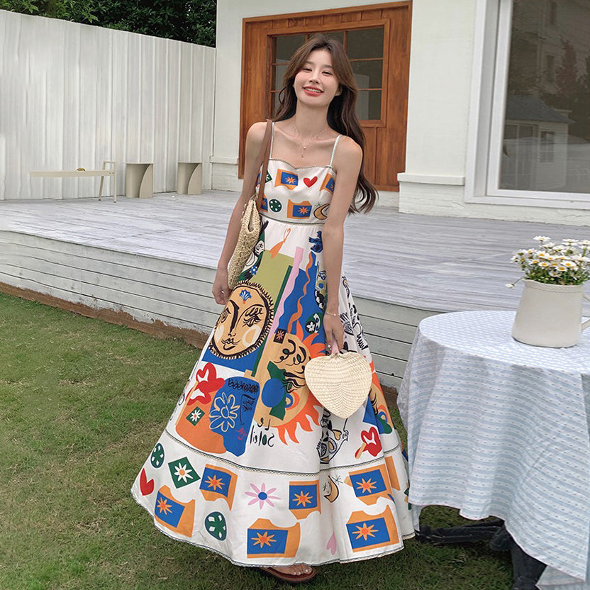 【ワンピース】レトロ油絵プリント ビーチバカンス 夏 高級感 ノースリーブワンピース【SHシリーズ】