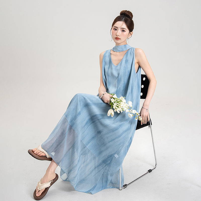 【ワンピース】セーヌ風 ブルーグラデーション ホルターネック シアーワンピース レディース 夏 ノースリーブ ロングドレス リゾートコーデ 大人可愛い 上品【SHシリーズ】