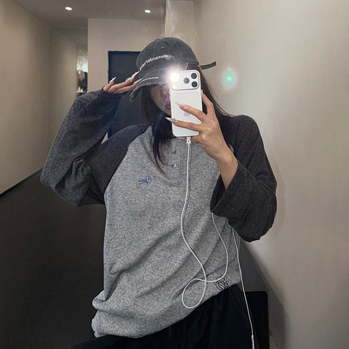 【トップス】レトロ配色ショート丈ロンT レディース 薄手 リラックス 秋コーデ 長袖Tシャツ【FCシリーズ】
