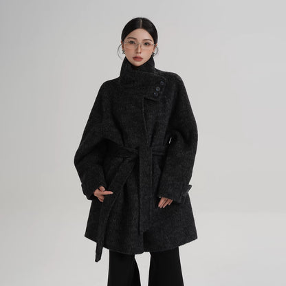 【アウター】ウール100% 高品質 ミドルコート レディース 立ち襟 ゆったり 上質 秋冬【JZシリーズ】