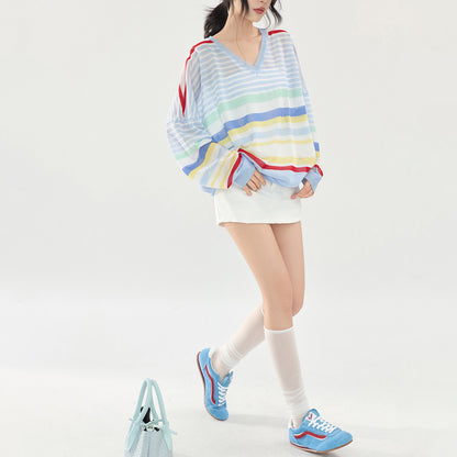 【トップス】カラーボーダーVネックニットトップス レディース 夏新作 長袖 薄手 透け感 シアー ゆったり Tシャツ【FCシリーズ】