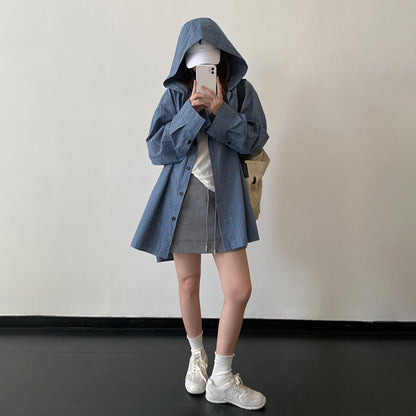 【アウター】ブルー系チェック フード付き ドローストリング オーバーサイズ 体型カバー シャツカーディガン【FCシリーズ】