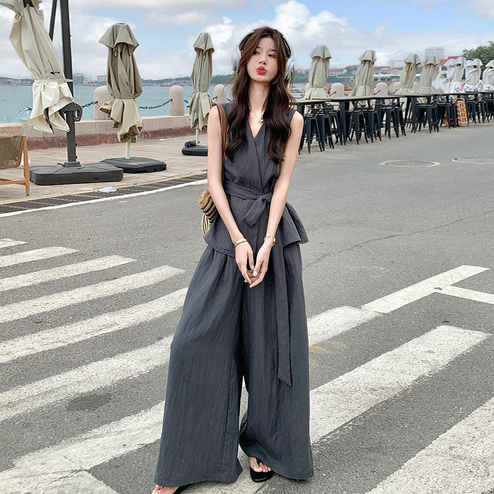 2点セット！【セットアップ】夏 韓国風 通勤 高級感 ジレ＋ワイドパンツ 上下セット【SNシリーズ】【JZシリーズ】