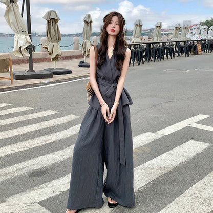 2点セット！【セットアップ】夏 韓国風 通勤 高級感 ジレ＋ワイドパンツ 上下セット【SNシリーズ】【JZシリーズ】