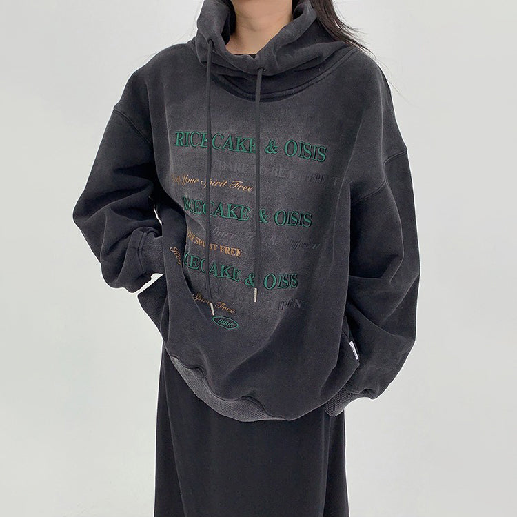 【トップス】レトロ風ダメージ加工 刺繍入りハイネック裏起毛スウェット レディース 冬新作 パーカー【FCシリーズ】