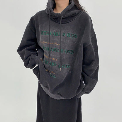 【トップス】レトロ風ダメージ加工 刺繍入りハイネック裏起毛スウェット レディース 冬新作 パーカー【FCシリーズ】
