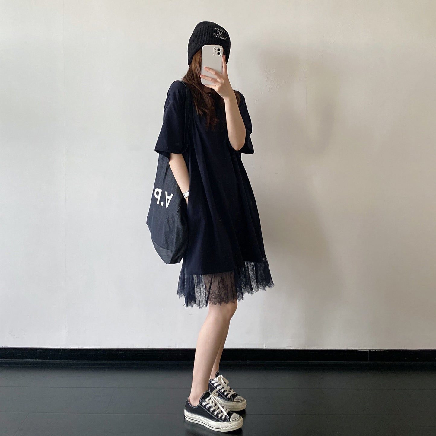 【ワンピース】レース切替Tシャツワンピース レディース 半袖 ゆったり ドロップショルダー リラックス ロング丈 夏【FCシリーズ】