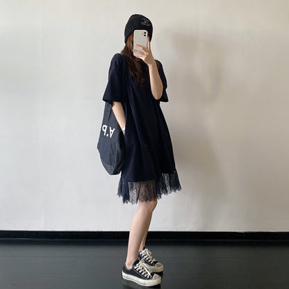 【ワンピース】レース切替Tシャツワンピース レディース 半袖 ゆったり ドロップショルダー リラックス ロング丈 夏【FCシリーズ】