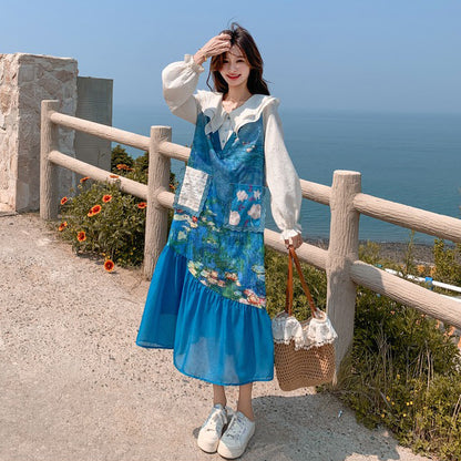 【ワンピース】スイート 花柄 チェック 切り替え 長袖ワンピース レディース 春秋 細見え 可愛い マーメイドワンピース【シリーズ】