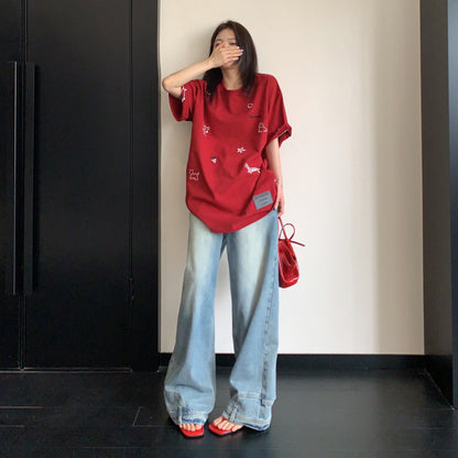 【トップス】カートゥーン刺繍Tシャツ レディース 夏 ルーズフィット 半袖 カジュアル【FCシリーズ】