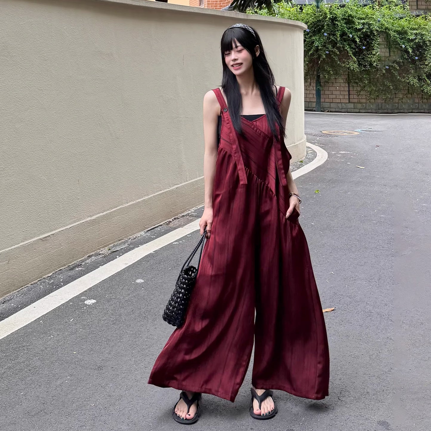 【ボトムス】ストライプ サロペット レディース 夏 オーバーサイズ ワイドパンツ ゆったり 体型カバー オールインワン 人気 リラックスコーデ【SHシリーズ】