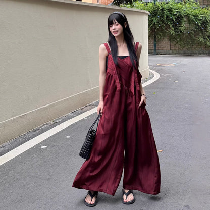 【ボトムス】ストライプ サロペット レディース 夏 オーバーサイズ ワイドパンツ ゆったり 体型カバー オールインワン 人気 リラックスコーデ【SHシリーズ】