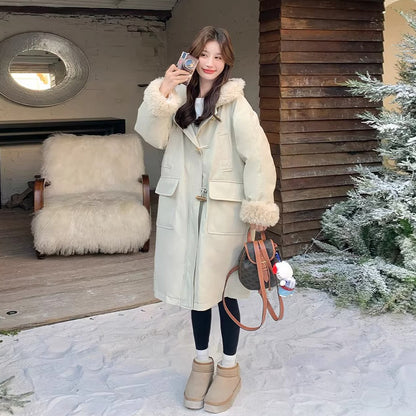 【アウター】大きめファーカラー ボアパーカー ダウンコート レディース 冬 トグルボタン ミディ丈【JZシリーズ】