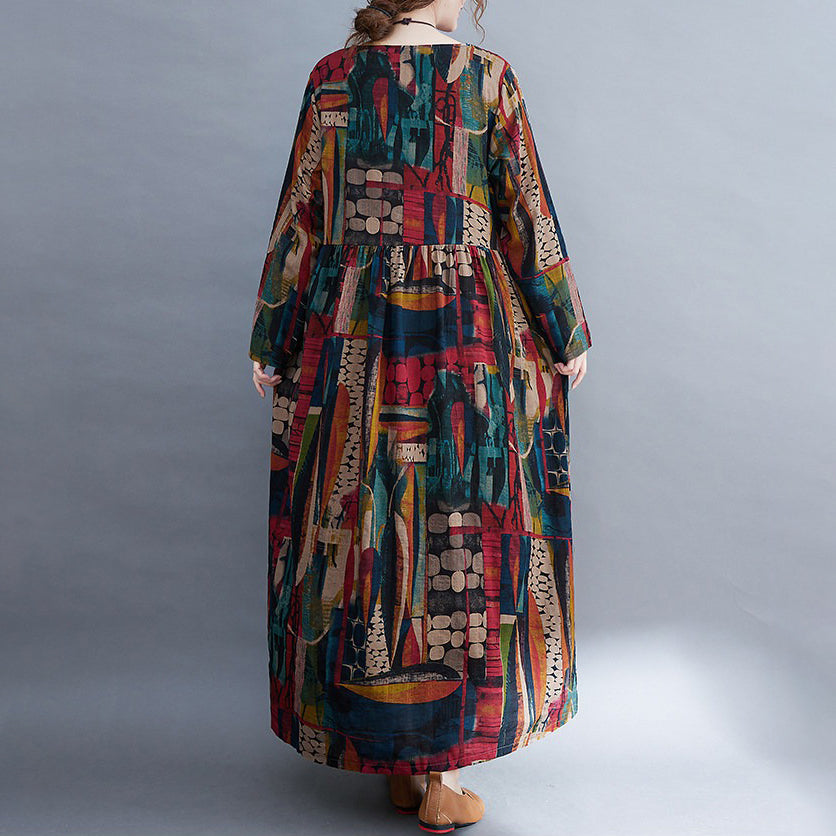 【ワンピース】花柄 大きいサイズ 文芸風 レトロ 長袖 プリント フレアワンピース ゆったり ロング丈 春秋新作【SHシリーズ】