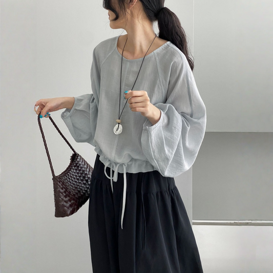 【トップス】リネンライク リラックススタイル バルーンシルエット リボン付き シャツ 【JZシリーズ】