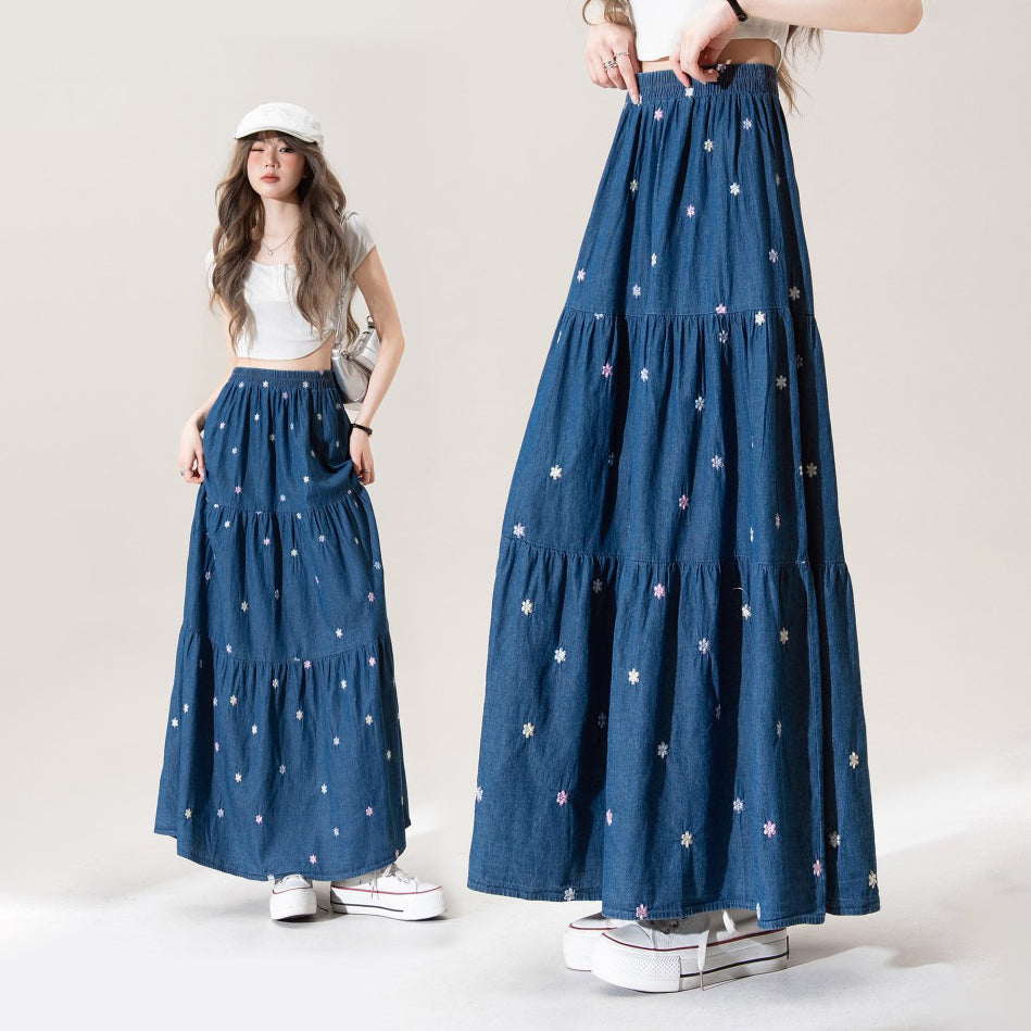 夏季刺繡牛仔半身裙｜花朵刺繡A字裙｜顯瘦中長款牛仔裙【SH系列】
