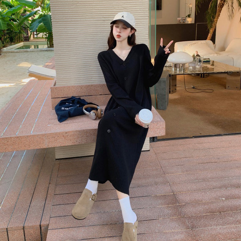 【ワンピース】秋冬Vネックニットロングワンピース レディース 大きいサイズ 縦ストライプ柄 体型カバー レイヤードコーデ【JZシリーズ】