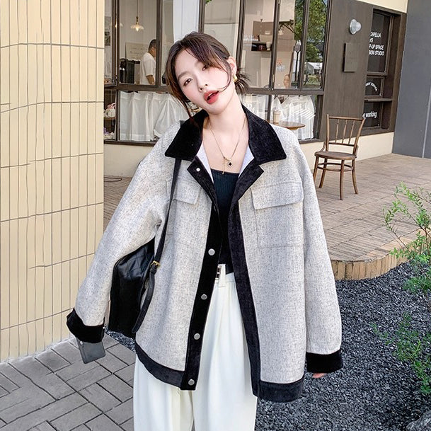 【アウター】レトロ 配色 切り替え カジュアル シャツジャケット レディース 春秋 ゆったり 【JZシリーズ】【SNシリーズ】