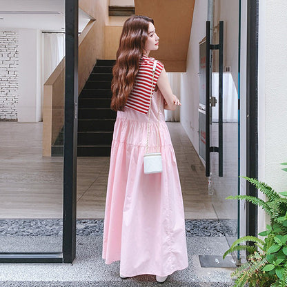 【ワンピース】フレンチ風 ピンク ノースリーブワンピース レディース 夏 ストライプ柄 ショール付き 上品 大人可愛い ロング丈【JZシリーズ】