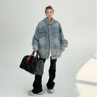 【アウター】春秋 アメリカン 小洒落 ヘビーウェイト カップルジャケット ゆったり レトロデザイン グラフィティ フード付きデニムジャケット【FCシリーズ】