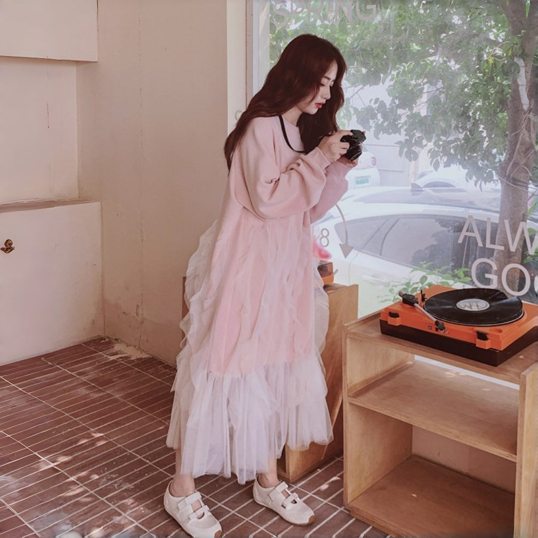 【ワンピース】カジュアル ミックス チュール 若見え 合わせやすい 長袖ワンピース【JZシリーズ】